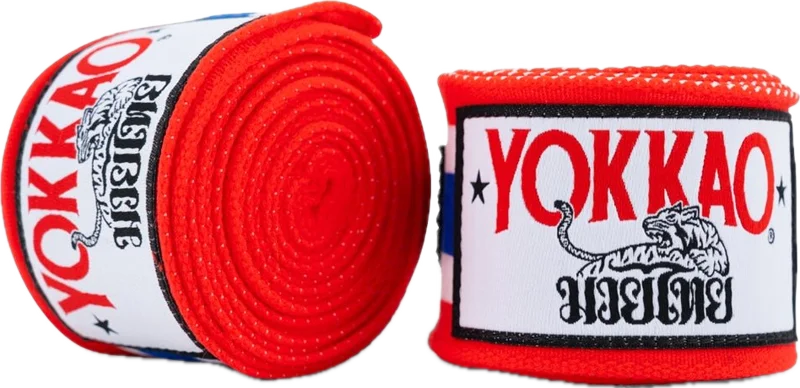 Red YOKKAO hand wraps with the Thai flag