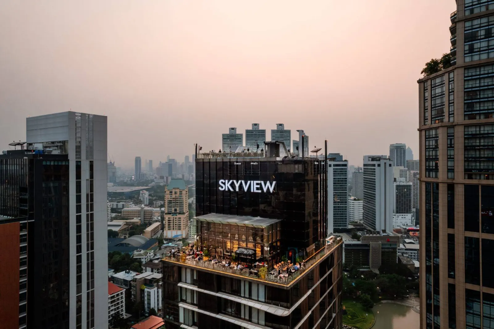 The SKYVIEW tower and its rooftop at dusk