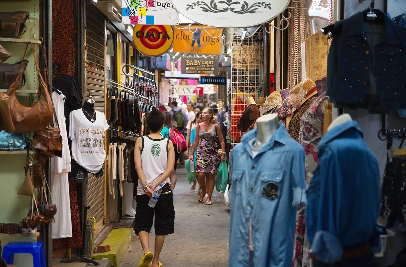 A lively lane at Chatuchak Weekend Market in Bangkok
